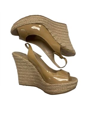 Jimmy Choo London GUC Nude Patent Leather Espadrilles Wedge Peep Toe Sandals, 40